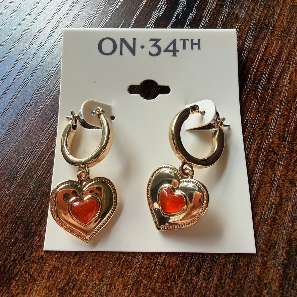 On 34th Heart Charm Hoop Gold Earrings